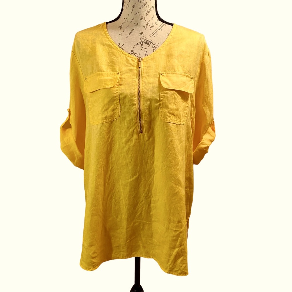 Jones New York 100% linen top in mustard yellow Size L roll tab sleeves